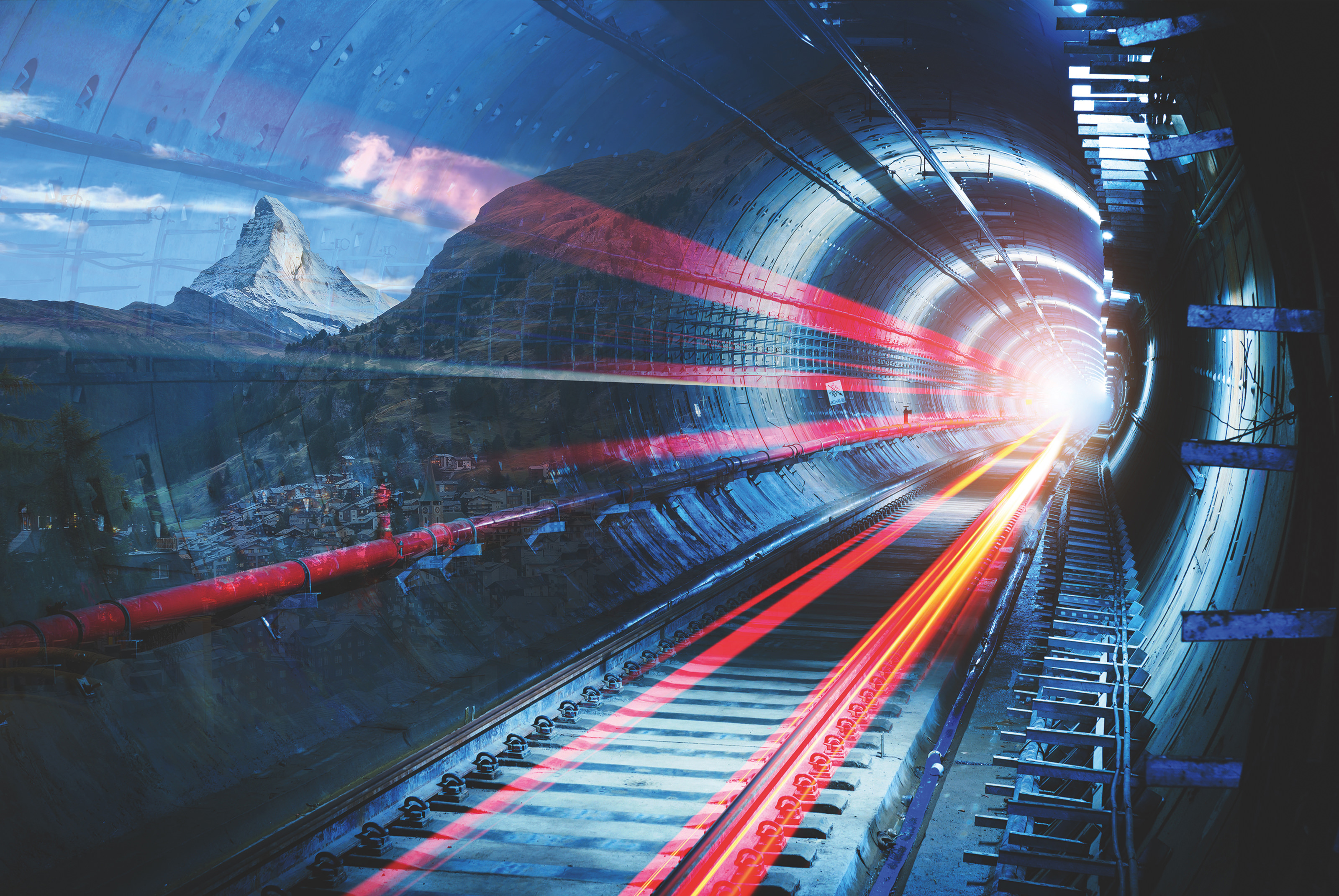 Tunnel mit Eisenbahnschienen und Lichtreflektionen